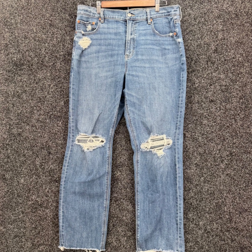 American Eagle Mom Jeans Womens 14 Distressed High Rise Medium Wash Stretch
